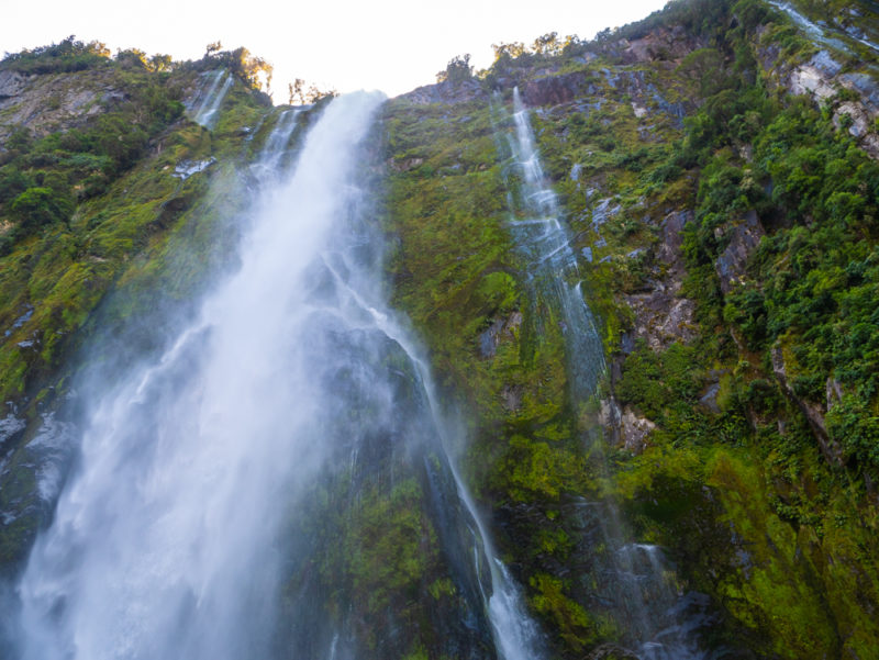 new zealand milford sound waterfall closeup view