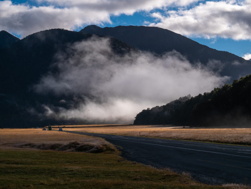 new zealand road to milford sound in the morning